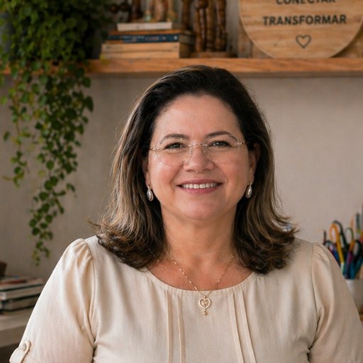 Adriana, bordadeira, sorrindo no seu ateliê com um bastidor de bordado